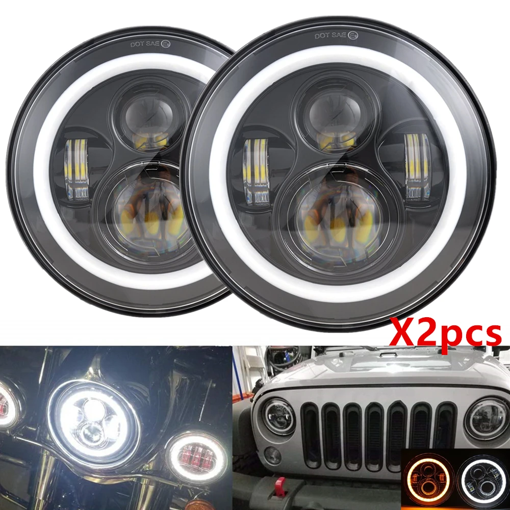 

2pc Car 7inch Led Headlights For Jeep Wrangler Halo Angle Eyes DRL Headlamp For Lada Niva 4x4 Urban Suzuki Samurai Front Lights