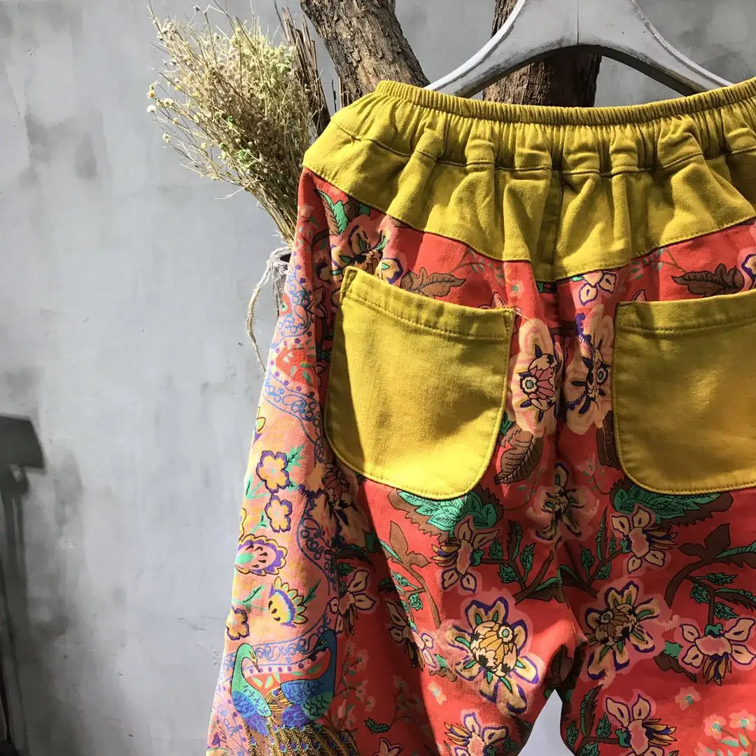 Женские брюки с эластичным поясом в стиле пэчворк, женские свободные брюки с цветочным принтом, женские брюки с цветочным принтом, Ретро стиль, весна