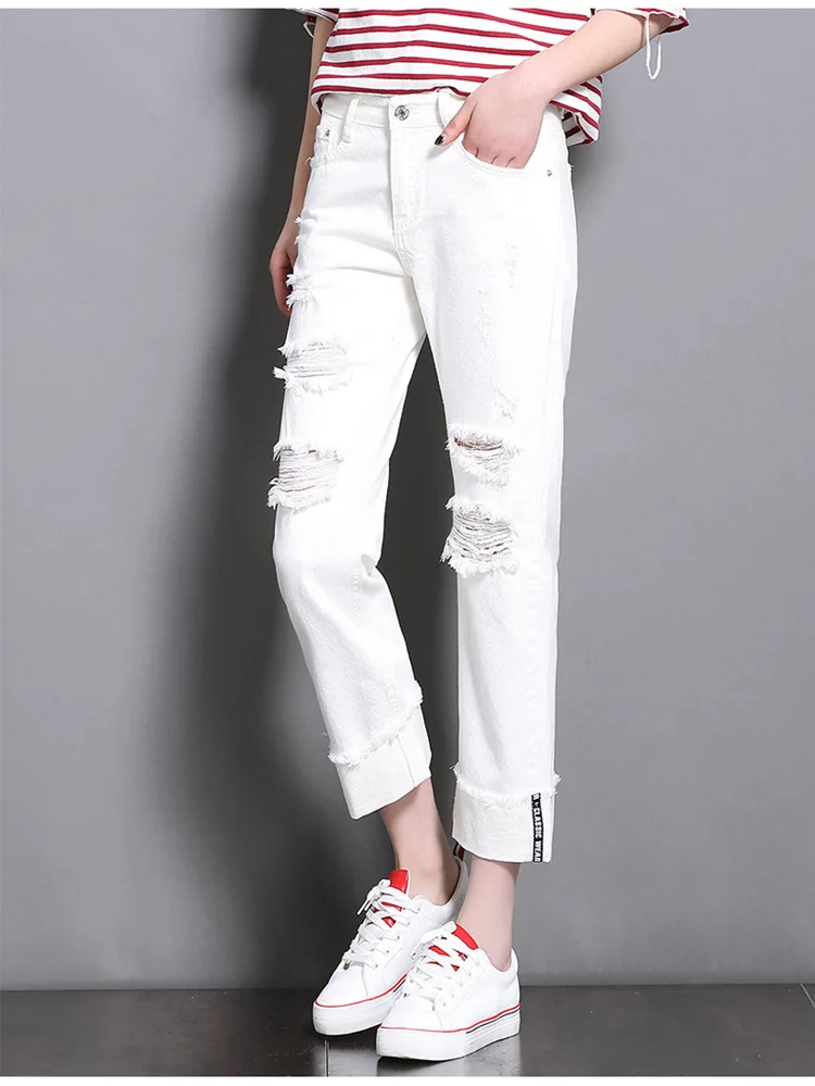 Высокая талия рваные джинсы Для женщин широкие брюки джинсы женщина Однобортный винтажные женские тонкие свободные джинсовые