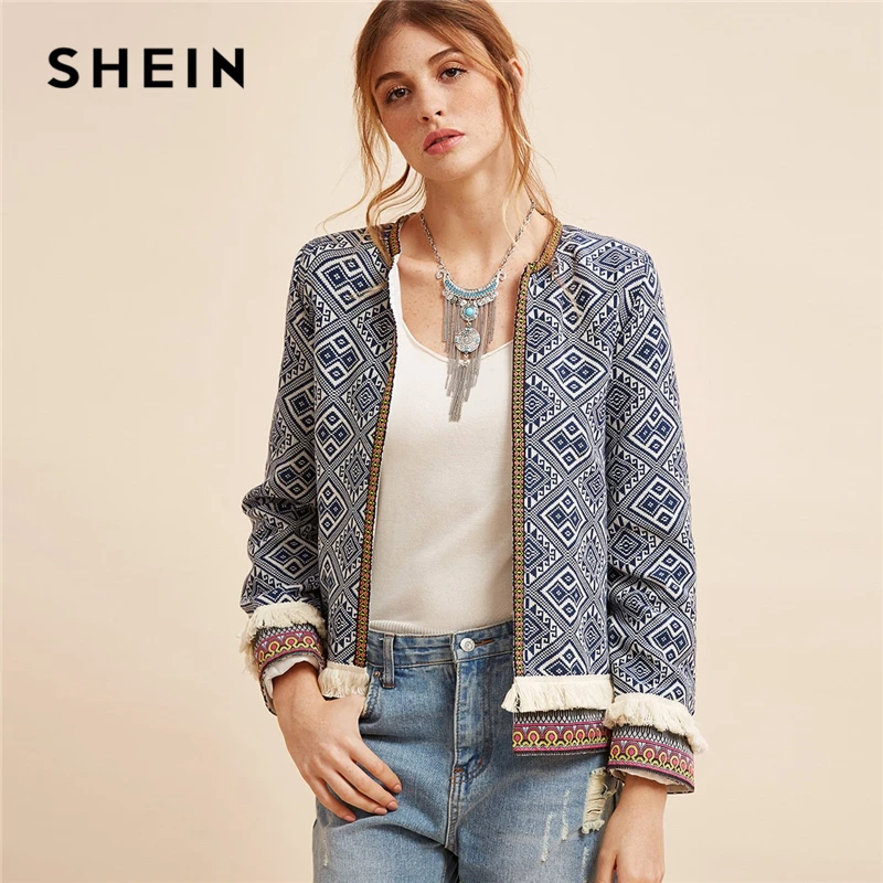 SHEIN, разноцветная куртка с бахромой, с этническим принтом, вышитая лента, пальто для женщин, осень, длинный рукав, народный принт, повседневная верхняя одежда, пальто