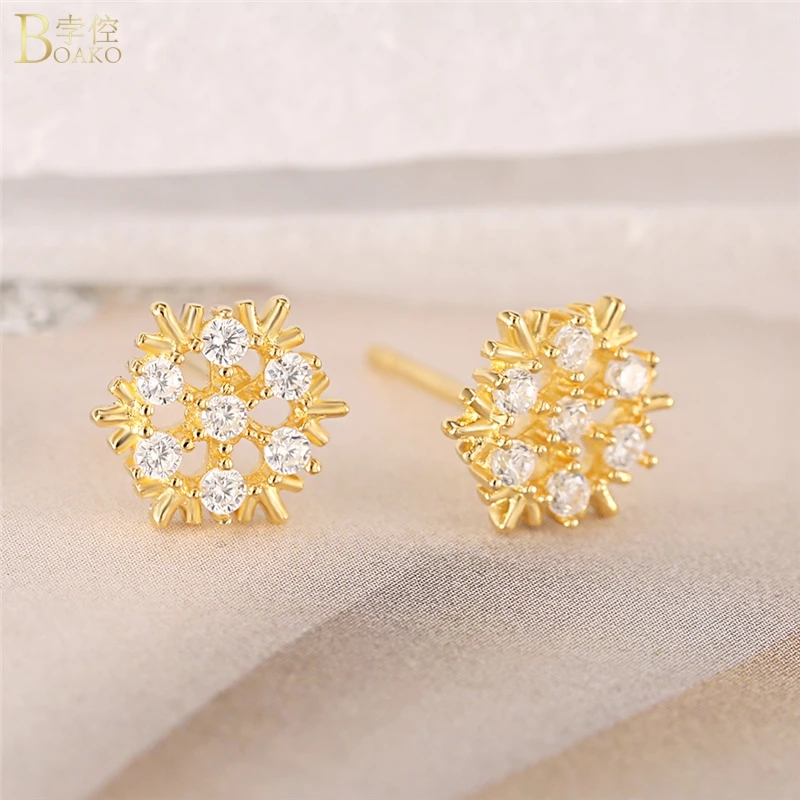 

BOAKO Gold Plating Snowflake Crystal Women Wedding Earrings 925 Sterling Silver Stud Earring Birthday Valentine Party Jewelry Z5