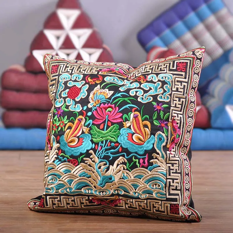 Винтажный Вышитый Чехол на подушку, Чехол на подушку в этническом национальном стиле ручной работы с вышитыми цветами, Boho 40x40 см