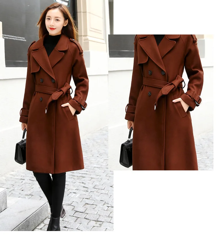 YuooMuoo длинный рукав отложной воротник длинное шерстяное пальто с поясом Женская Осенняя зимняя тонкая шерстяная куртка высокое качество