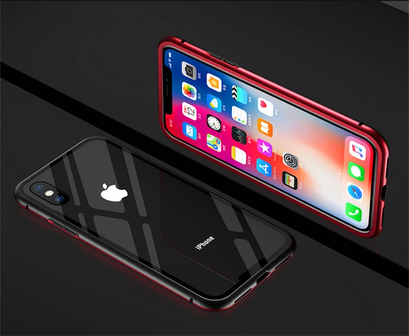 Для Iphone 7 8 Plus бампер магнитный Алюминий металлический корпус с закаленным прозрачным закаленным стеклом задняя крышка для Iphone X XS XR Max - Цвет: Красный