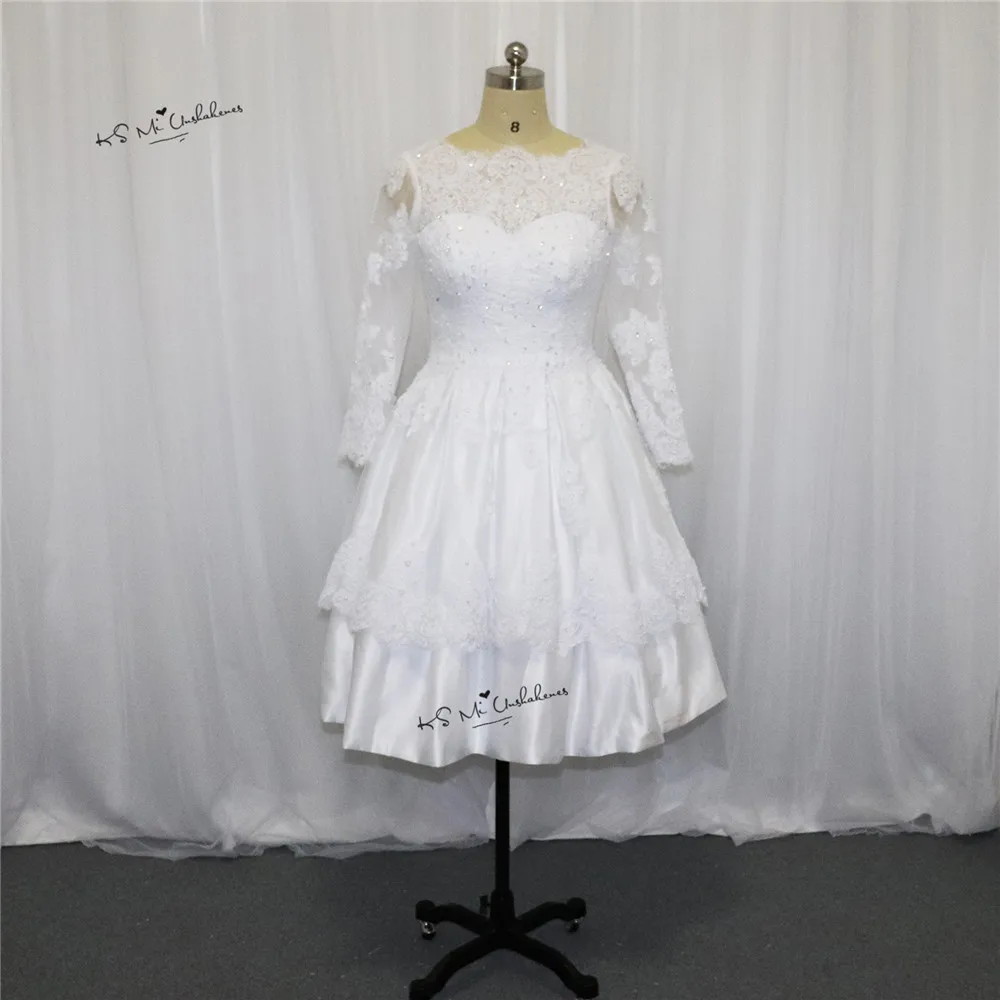 

2017 Spring Christmas Short Wedding Dress Lace Bateau Long Sleeve Bridal Wedding Gowns Open Back Princess Vestido de Noiva Curto