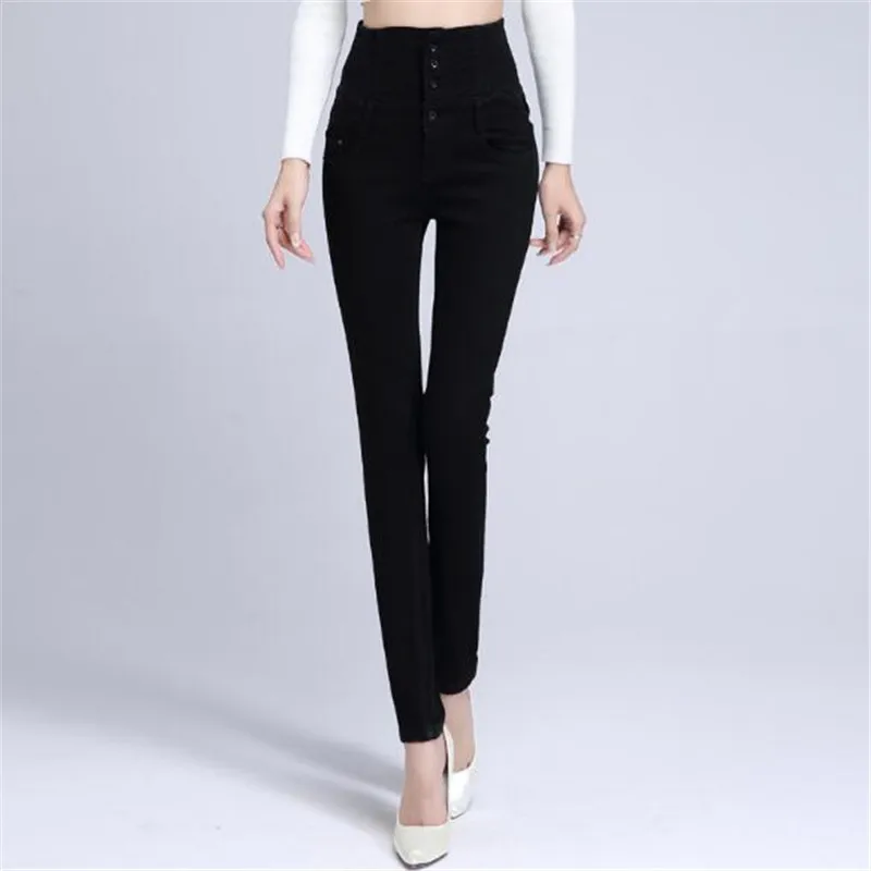 WKOUD/Зимние флисовые джинсы Mujer; женские теплые джинсовые узкие брюки на 4 пуговицах; модные плотные брюки с высокой талией; уличные брюки; P8552