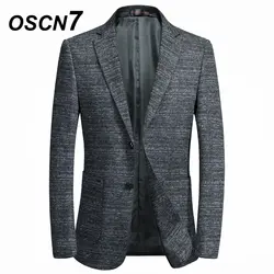 OSCN7 шерсть простые Slim Fit Blazer Для мужчин 2018 Новинка зимы Бизнес Повседневное Свадебные серые пиджаки Для мужчин костюмы 18611