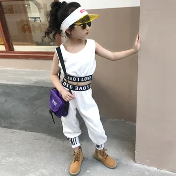 

Summer girls 2 pcs set baby crop top + haren pants kids suit children streetwear letter print elastic opeining 4 to 14 yrs