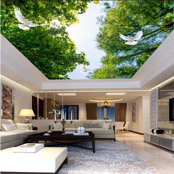 

beibehang Custom any size murals photo fresh trees green leaves blue sky white peach butterfly coco sea Europe zenith ceiling