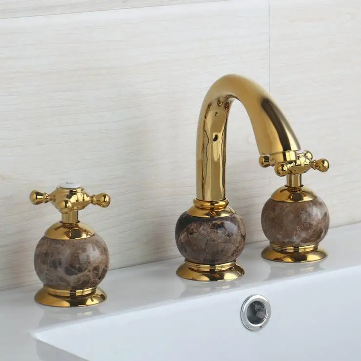 Brass handle bathroom bathtub faucet deck, Wash basin faucet mixer hot and cold, Copper three hole sink basin faucet golden copper three hole sink basin faucet golden brass handle bathroom bathtub faucet deck wash basin faucet mixer hot and cold