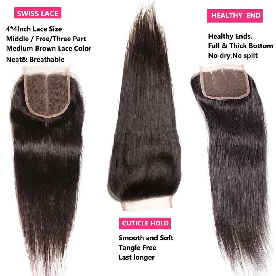 Nadula Hair 3 Bundles Brazilian Straight Hair With Closure 4 4