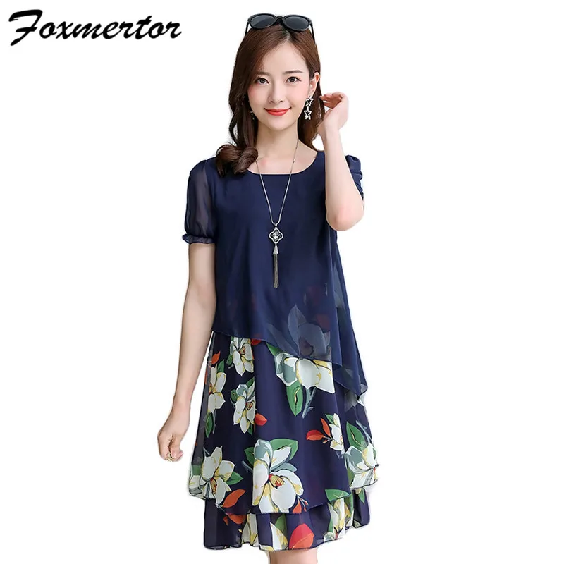 Foxmertor/M-5XL платье; Повседневная модная шифоновая рубашка с коротким рукавом и круглым вырезом; Разноцветные однотонные Летние Длинные Платья с цветочным рисунком