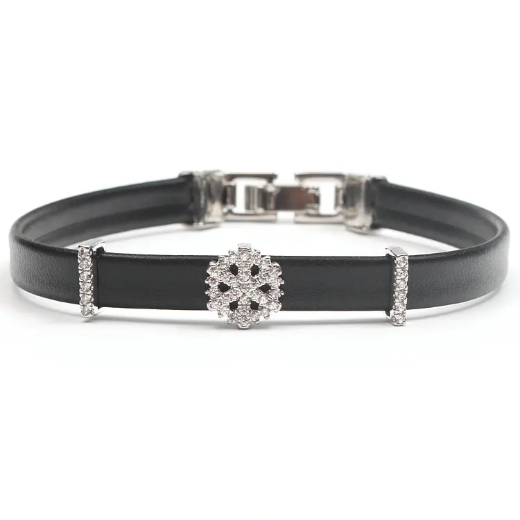 Silver Micro Pave Clear CZ Snow Украшает изделие с бахромой 8*1 мм кожаный шнур сложить над застежкой браслет ювелирные изделия около 8 дюймов - Окраска металла: Silver