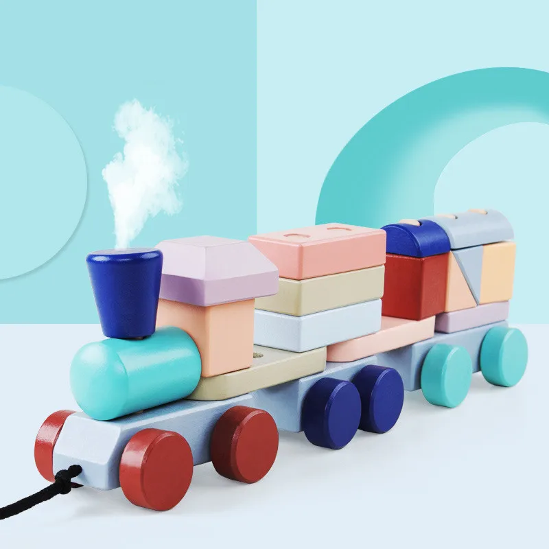 

Building blocks train Wooden train Dragging toy Assembling Wooden blocks DIY Building block tractor Early education toy