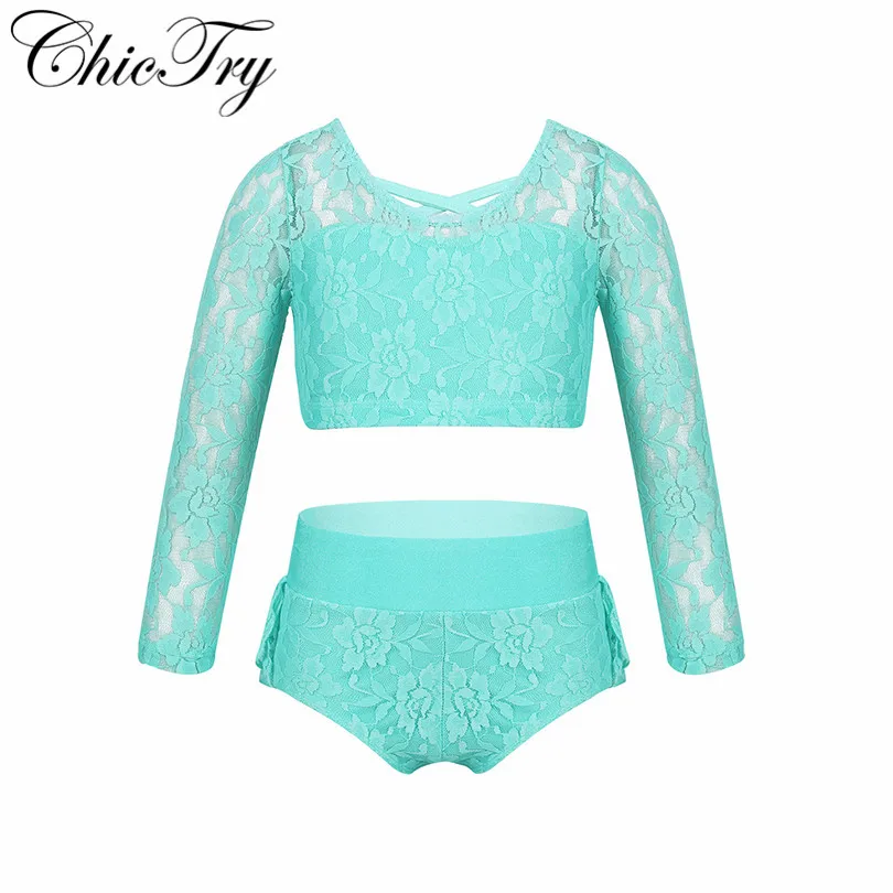 

Kids Girls Children Set Outfit Lace 3/4 Sleeves Criss Cross Back Crop Top with ruffled Briefs Set for Dancing Stage Performance