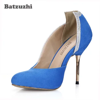 

Batzuzhi French Style Fashion Women Shoes 9.7cm Sexy Iron Heels Blue Suede High Heels Pumps Women Party/Official Dress Shoes
