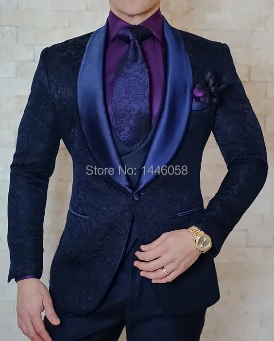 

2018 Tailored Navy Blue Paisley Floral Tuxedo For Men Wedding Suits Slim Fit 3 Piece Custom Made Prom Blazer Terno Masculino