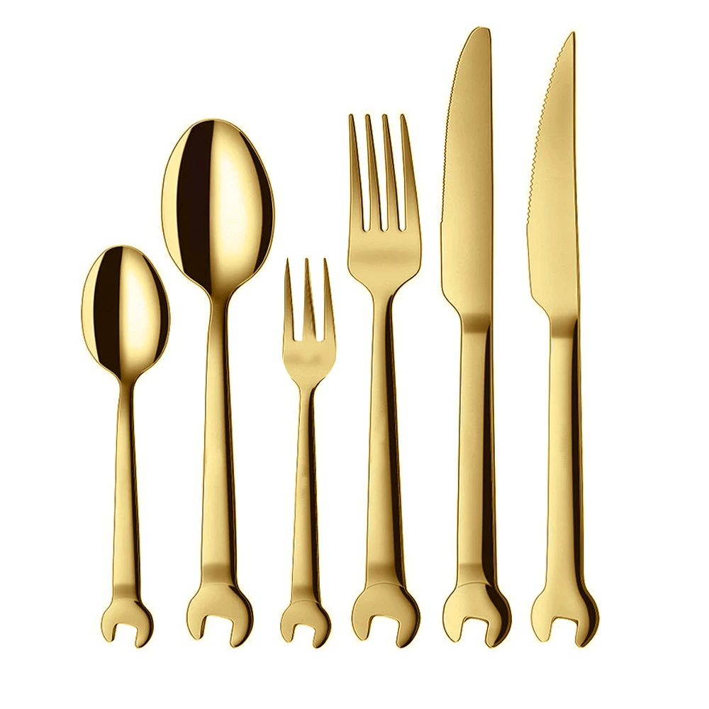 

6PCS/Set Plating Stainless Steel Creative Wrench Shape Fork Spoon Tableware Steak Knife Dinner Fruit Dessert Long Fork Tea Spoon