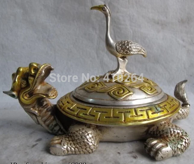 

0116P [old craft ] Fast shipping Chinese classical White Copper Silver Gilt Dragon tortoise crowned crane Statue (A0314)