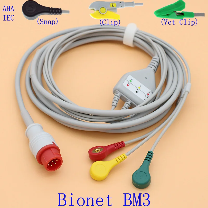 

8P ECG EKG 3 leads cable and electrode leadwire for Bionet BM3 with AHA/IEC/Snap/Clip/Vet clip