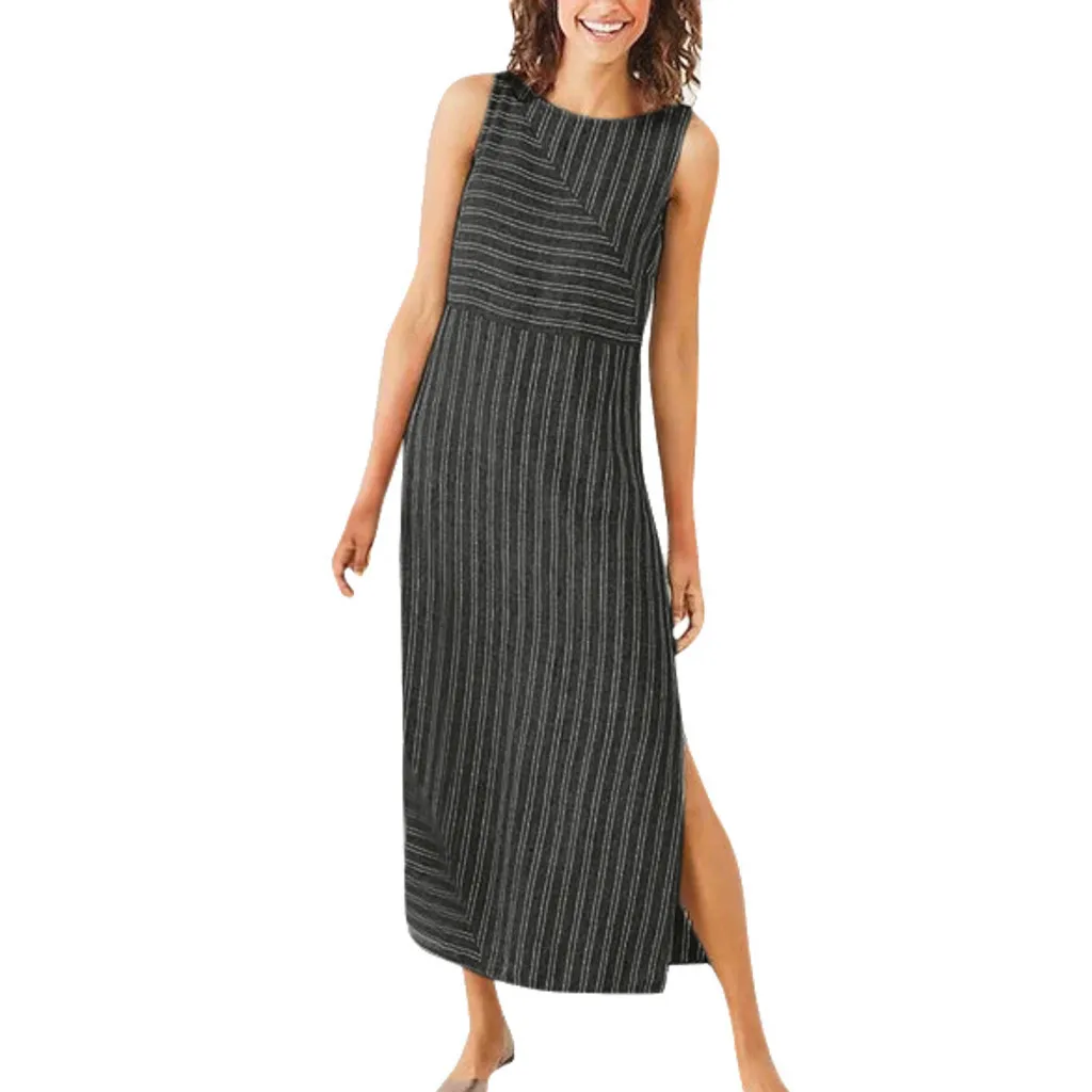 

Summer Dress Hot Style Women Fashion Casual Striped Sleeveless Off Shoulder Dress Crew Neck Linen Long Dress Vestidos Verano