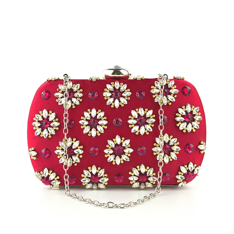 Luxy Moon Rhinestone Floral Red Satin Evening Bag with Chain Front View