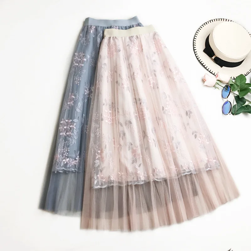 Летние юбки из тюля с цветочной вышивкой, Женская плиссированная юбка с эластичной талией, женская модная сетчатая юбка в складку с высокой талией для женщин - Цвет: khaki