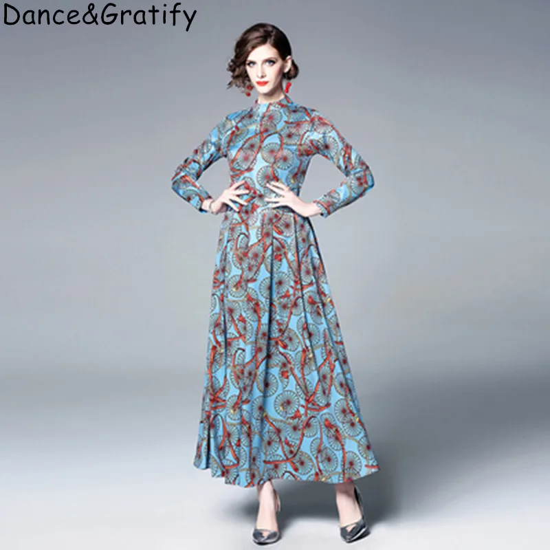 

High quality 2019 new fashion designer Maxi Dress Women's long sleeve vintage print Robe long bohemain runway Dress