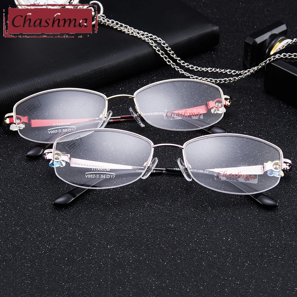 Женские титановые очки Chashma брендовые в полуоправе из чистого титана с камнями