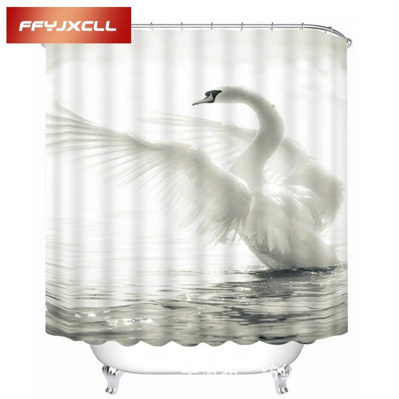 

Home Creative Noble White Swan Printing Waterproof Mildew Fabric Shower Curtain Eco-Friendly Bathroom Curtain