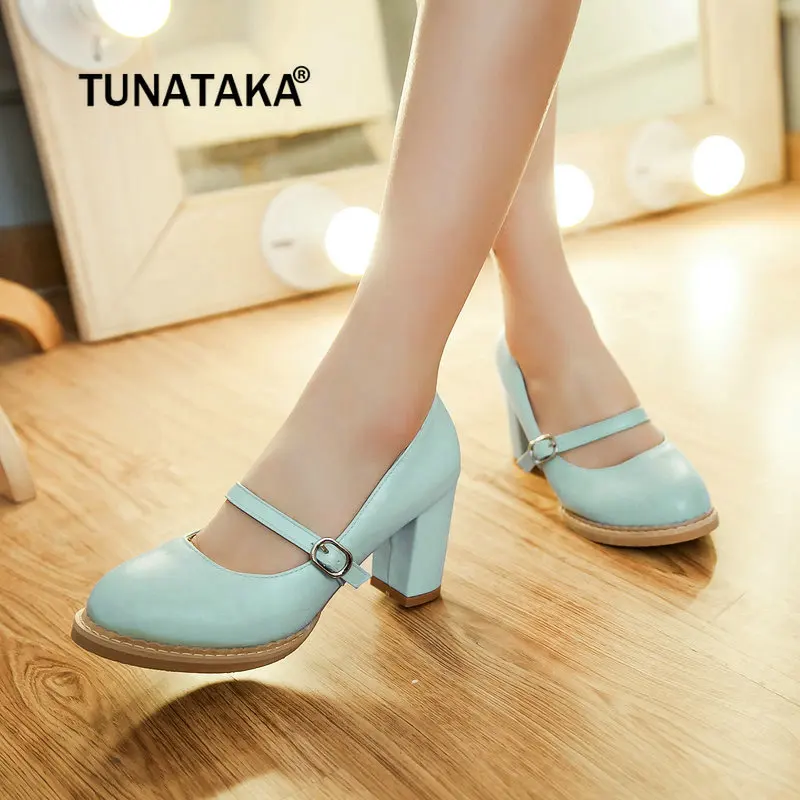 

Mary Janes Thick High Heel Pumps Fashion Buckle Casual Spring Fall Shoes Women Black Blue Pink White