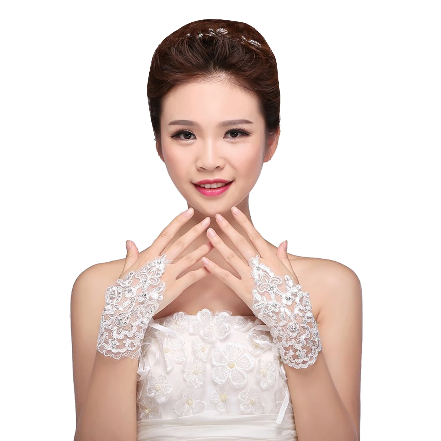 Buy White Lace Sequins Rhinestone Bride Fingerless