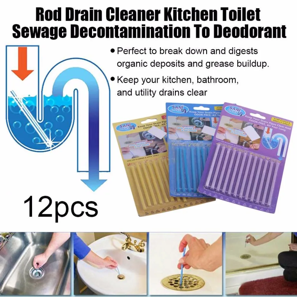 12pcs/set Blue Sticks Sewer Rod Drain Cleaner Kitchen Toilet Bathtub Sewage Decontamination To Deodorant Sewer Cleaning Tool