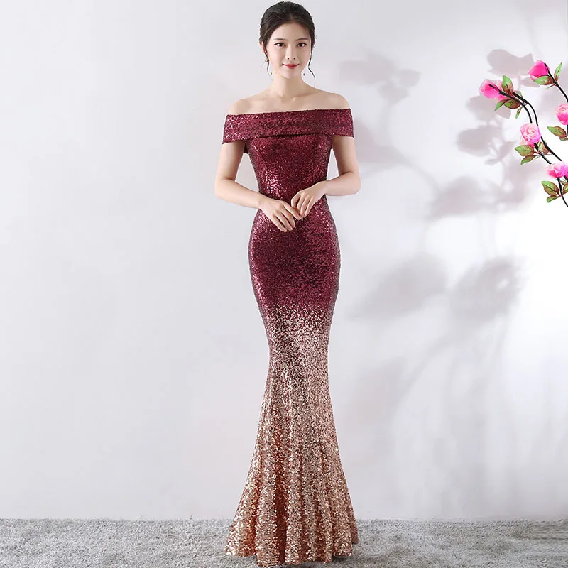 

Red And Gold Gradient Sequins Slash Neck Off Shoulder Mermaid Cocktail Party Sexy Dress Club Wear Women Prom Luxury Long Dresses