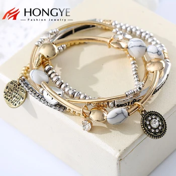 4Pcs/Set Europe America Vintage Fashion Multilayer Beads Hope Letter Blue white Stone Bracelet & Bangles Jewelry For Women 2018 2 item image
