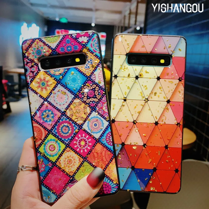 

YISHANGOU Bling Gold Foil Phone Case For Samsung Galaxy S10 Plus S9 S8 Plus Note 9 8 Love Heart Diamond Leopard Print Soft Cover