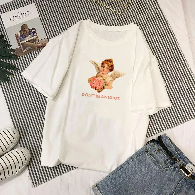 

DON'T BE ANIDIOT Summer Women's Short Sleeve ulzzang Harajuku BF Hip Hop Angel Tops Van Gogh Funny David Cartoon T-Shirt