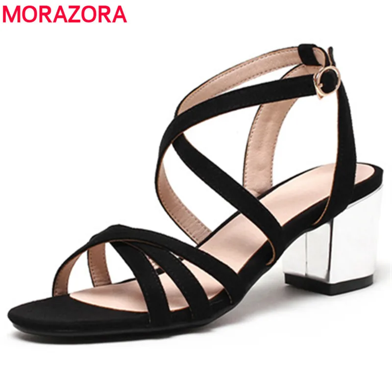

MORAZORA 2020 new arrival flock fashion women sandals buckle summer shoes solid color lady shoes square high heels shoes woman