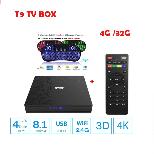 

tv box android 8.1 T9 4GB 32GB RK3328 Quad Core Bluetooth4.0 vs mx10 H.265 4K Smart TV 2.4GHz WIFI Media Player