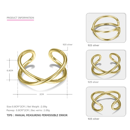 Tardoo 925 серебро Для женщин Кольца Мода минималистский c Форма открытым крест манжеты Регулируемые кольца простые украшения - Цвет камня: EMRG001-2