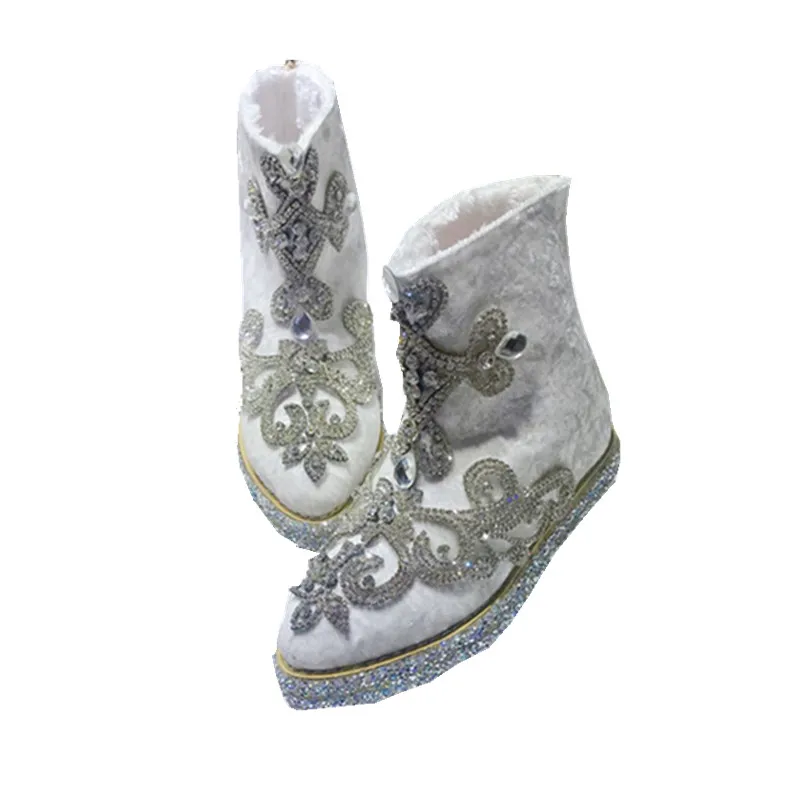 Белые ботинки из флока со стразами и цветами, стразы, расшитые бисером; зимние ботинки; женская обувь для девочек; зимняя обувь для беременных - Цвет: heel 5cm
