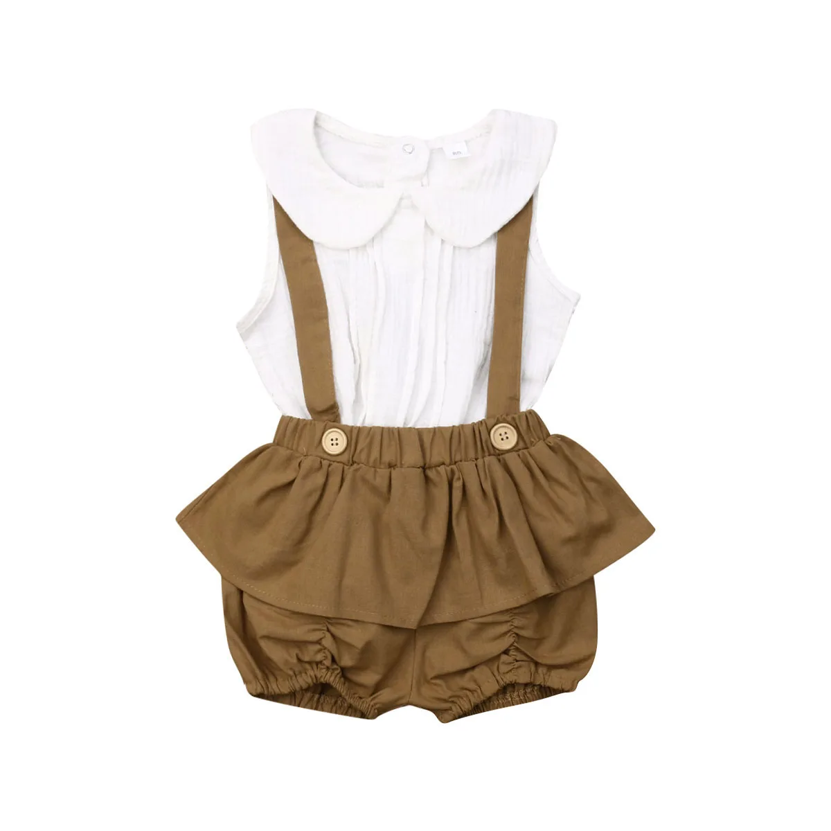 

Toddler Girl Suspender Shorts Outfit Kids Girl's White Butterfly Collar Top Khaki Pants 2 Piece Clothes Set