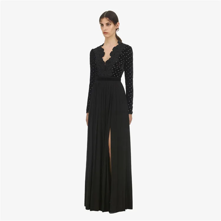 

New lace spliced V collar diamond velvet long Pleated Dress Dress 2018 autumn winter F1055