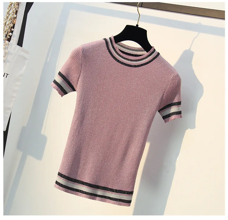Блестящая трикотажная женская футболка, летняя футболка, дышащий топ с короткими рукавами, высокая эластичность, полосатая женская футболка - Цвет: pink