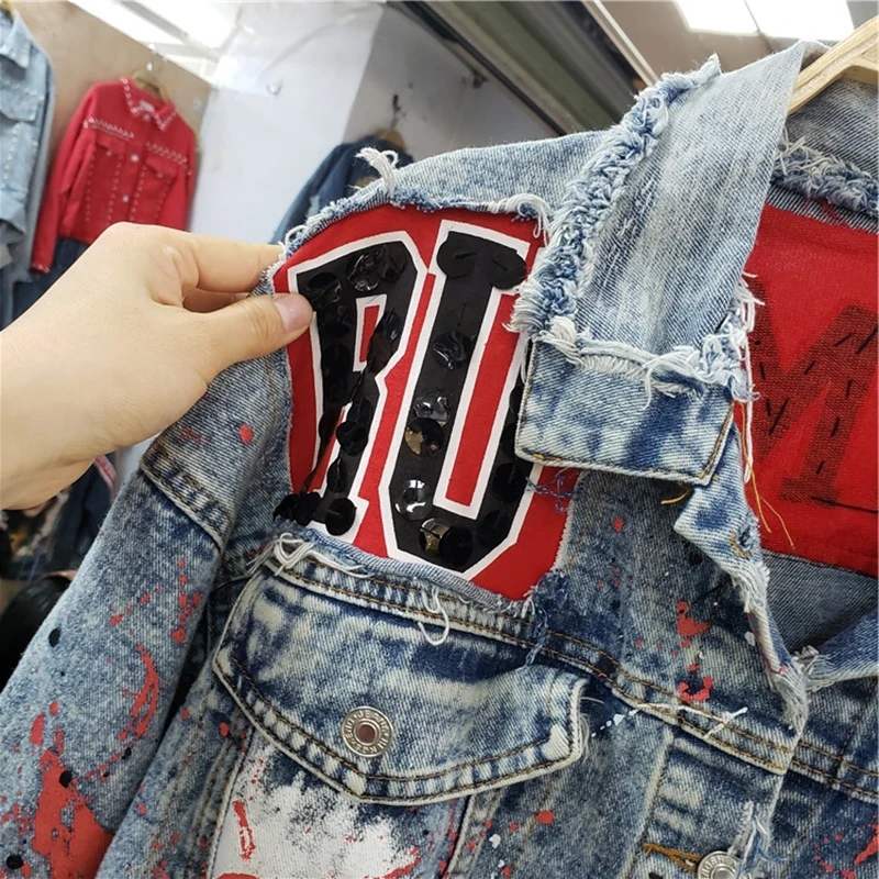 discount  Spring Graffiti printed sequins Denim Coat Long Sleeve Pearl Loose Harajuku BF Jeans Jacket Holes O