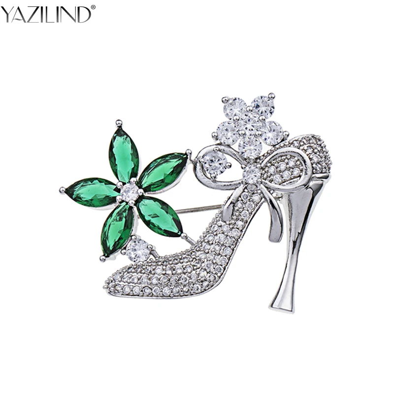 YAZILIND Romantic High heeled Shoes Shape Brooches Green Crystal Bling