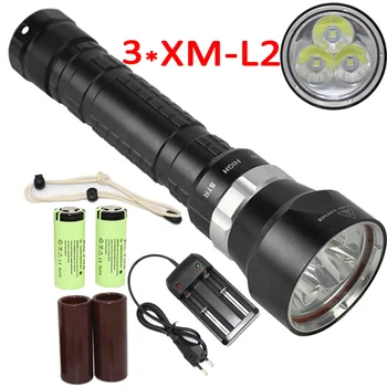 

2700LM 3x XM-L2 LED Diving Flashlight Waterproof Torch Light Scuba Flashlight Underwater Lantern + 2x 26650 Battery + Charger
