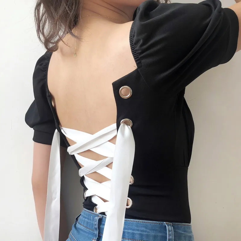 Neploe Palace Style Drawstring Women Shirts New Square Collar Puff Sleeve Blusa Sexy Backless Slim Fit Ladies Tops 45070