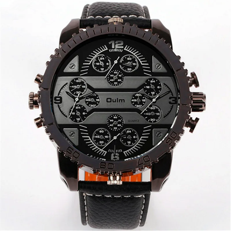 Горячая Распродажа бренд Oulm оригинальные повседневные часы для мужчин кожаный ремешок 4 часовых поясов модные японские кварцевые наручные часы Reloj Hombre большой - Цвет: Черный