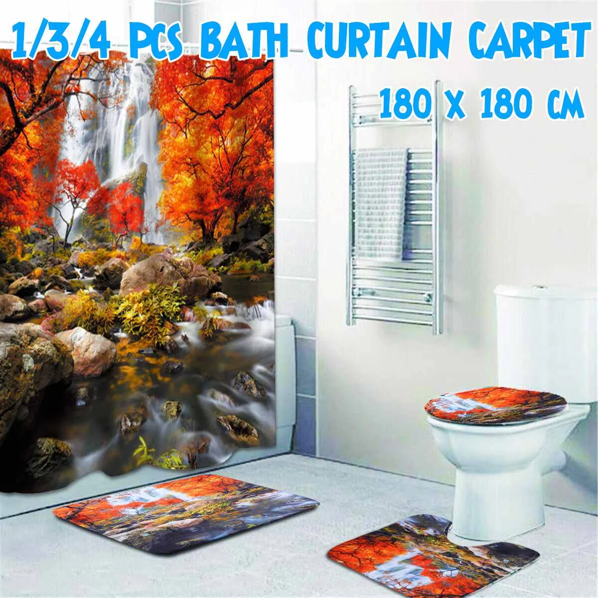 Maple Leaf Printing Bathroom Shower Curtain Bath Mat Toilet Cover Mat Non-Slip Rug Accessories Sets Waterproof Curtain